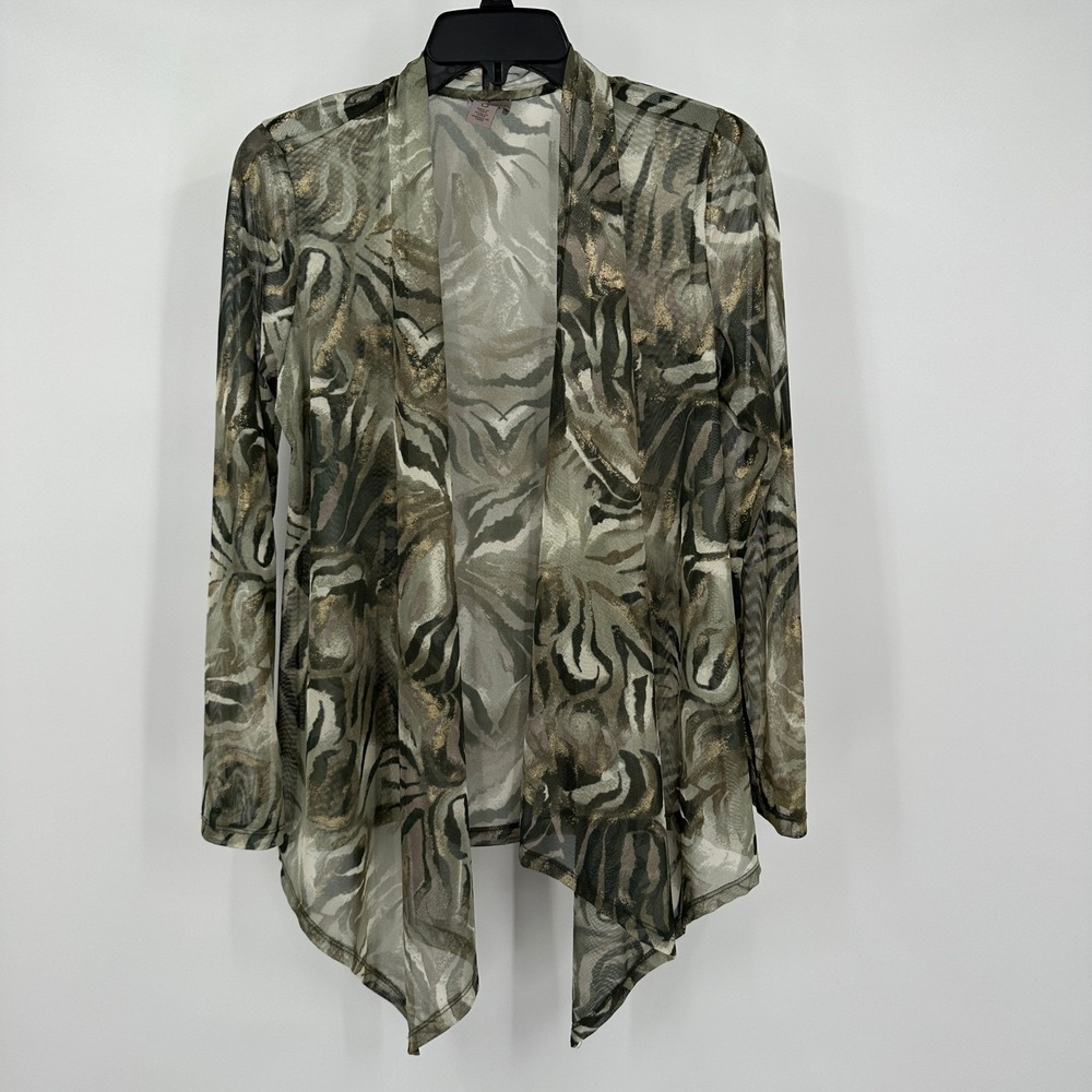 Chicos Easywear Womens Boho Sheer Mesh‎ Kimono Size 0 US S Animal Print Metallic
